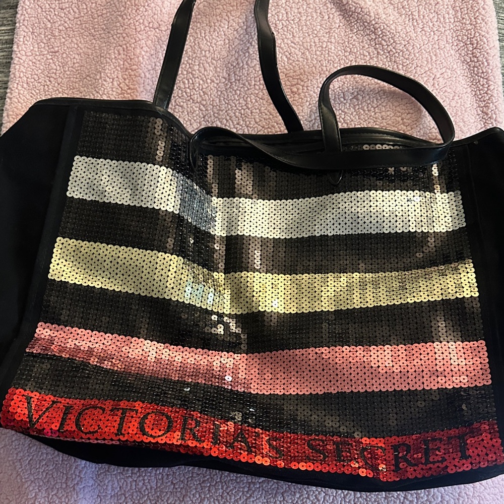 Victoria's Secret Black Tote with Sequin Stripes